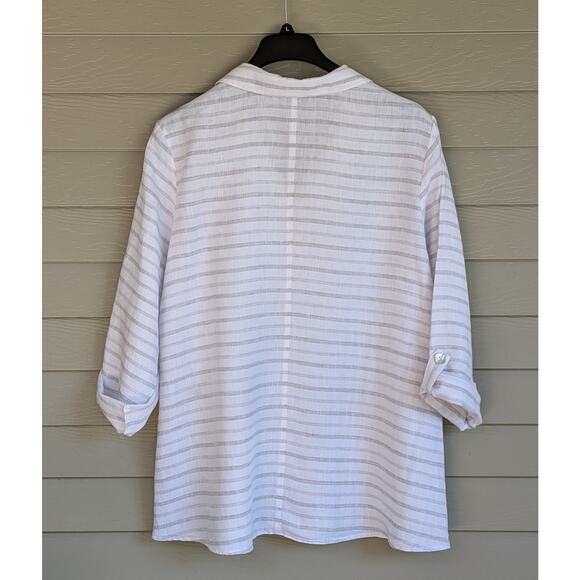 HABITAT Women's Linen Tunic Shirt Gray White Striped Roll Tab Sleeve Size XL - Picture 2 of 5